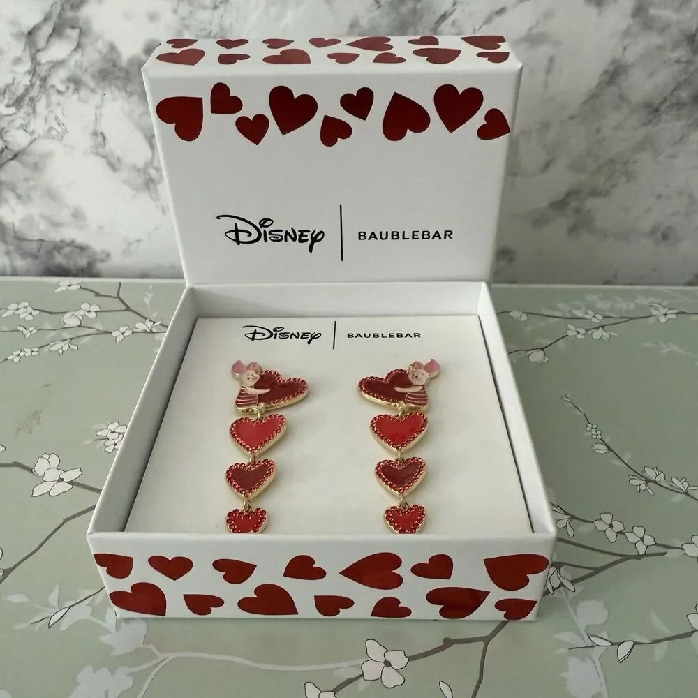 Disney Baublebar Piglet Valentine's Day Red Heart Dangle Earrings w/Crystals NIB